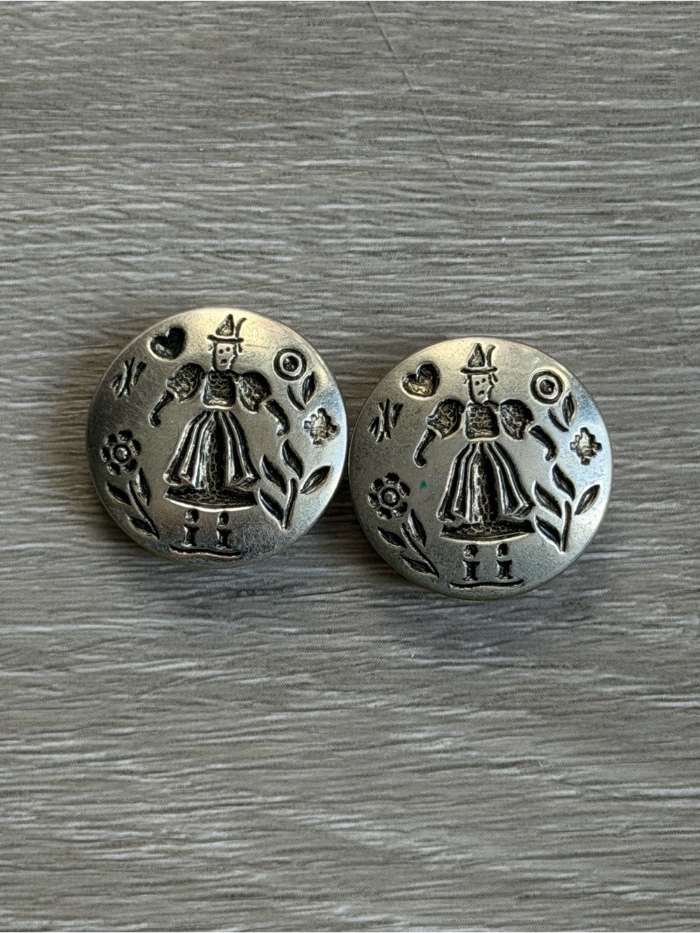 Vintage Silver Tone Folk Girl Round Buttons